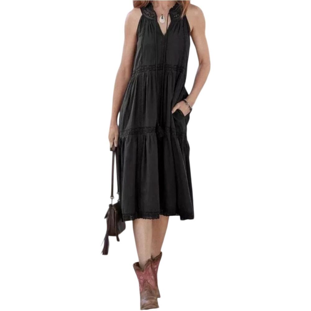 Sundance Alair Dress Midi Tiered Cotton Crochet Trim Embroidered Pockets Black S